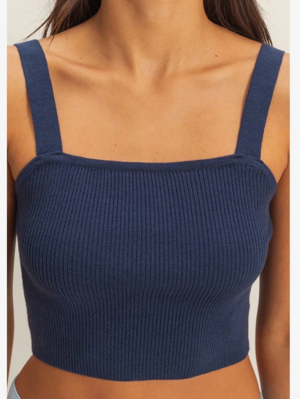Navy Fitted Ribbed Crop Tank Top Square Neck Large NWT Double Zero